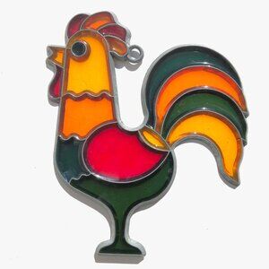 Rooster Sun Catcher Window Hanger vtg Makit Bakit Stained Glass Bird Farm Animal